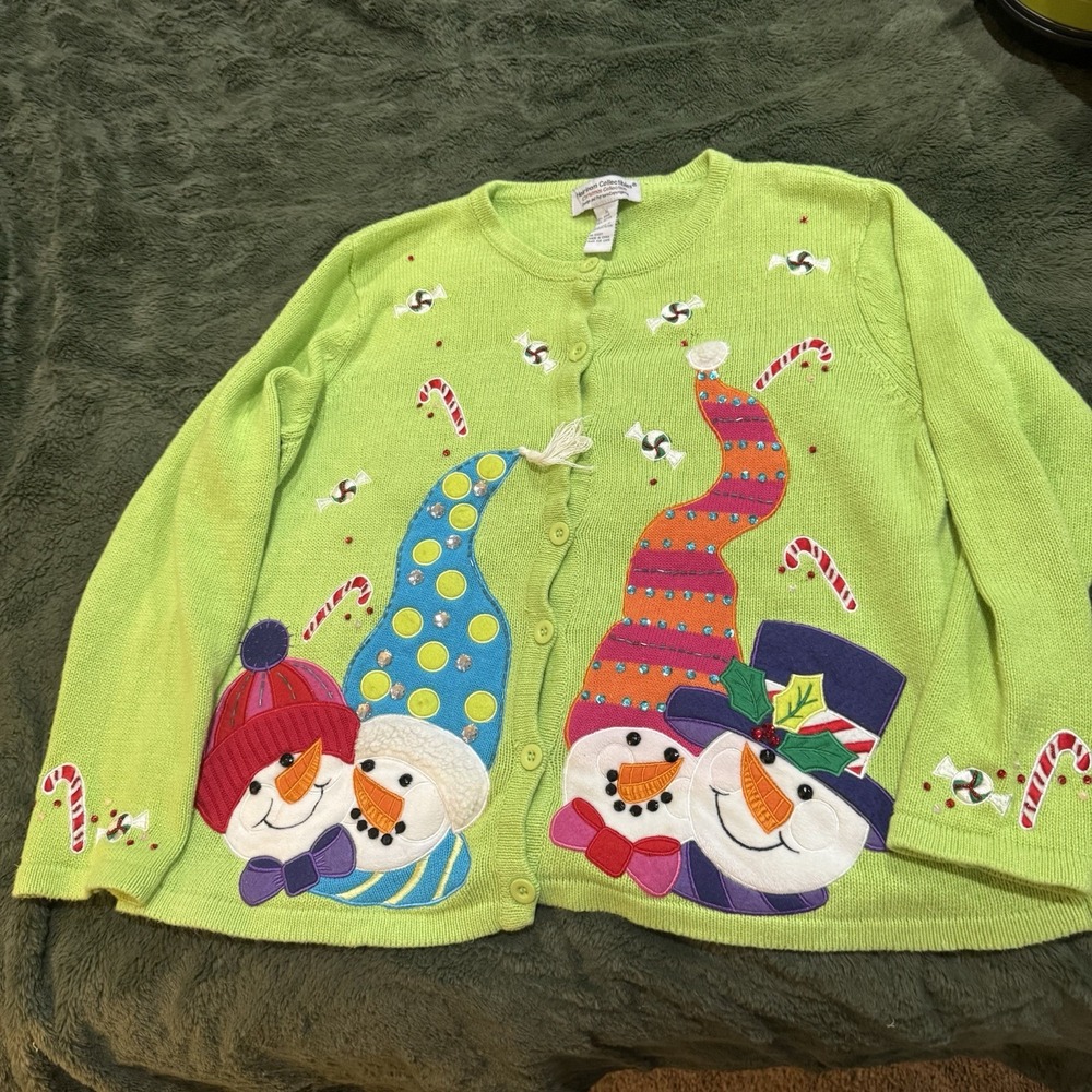 Vintage Christmas Sweater Size XL Green Button Up Cardigan Snowmen Candy Cane